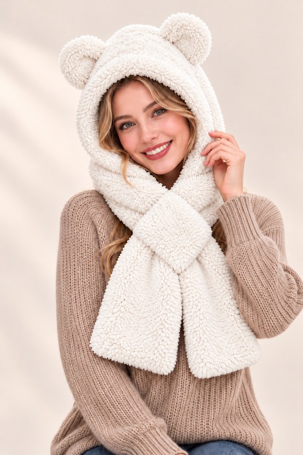 Hooded Plush Beanie Scarf Women's Welsoft Fleece Kaşkol Neck Collar Shawl Windproof Hat with Ears