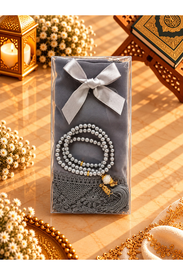 Gray Dowry, Gift, Bundle, Boxed Prayer Rug and Pearl Prayer Beads Set (Mevli̇t Circumcision Hajj Umra)