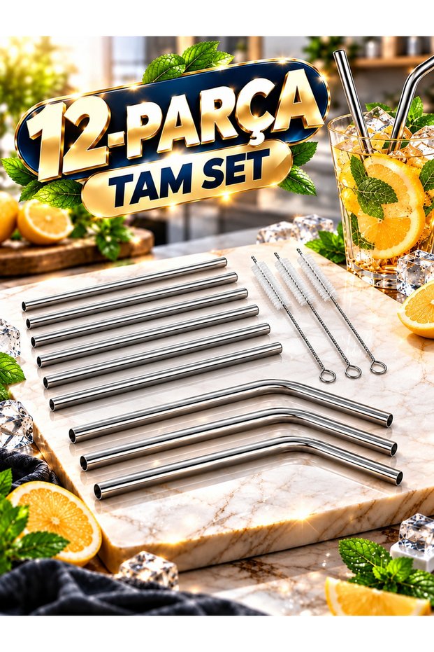 Premium 7-Piece Stainless Steel Metal Straws Set - 3 Straight, 3 Angled Straws + Cleaning Brush