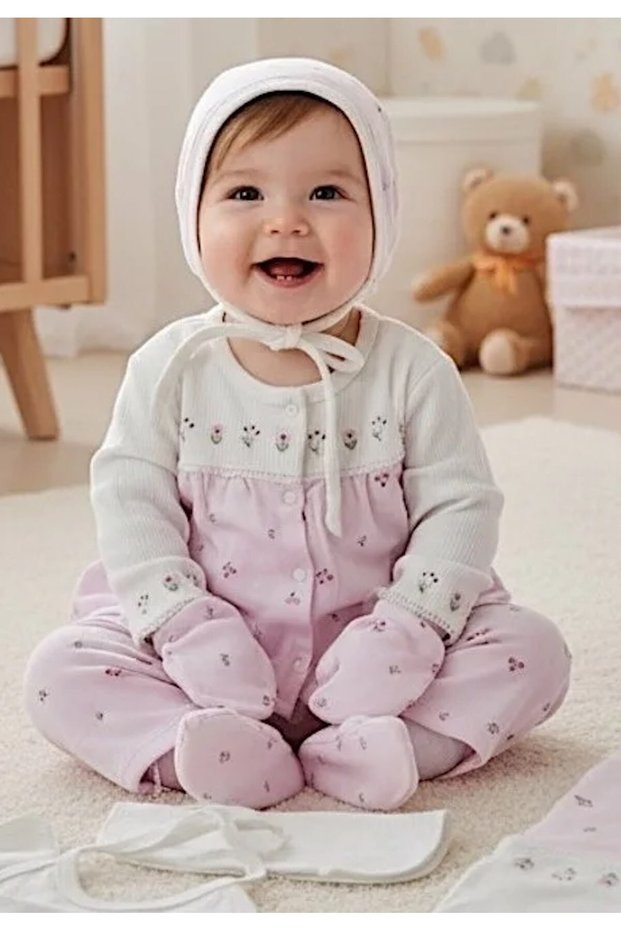 Baby Girl 0-3 Months Flower Embroidered 100% Organic Cotton 10-Piece Zibin Set