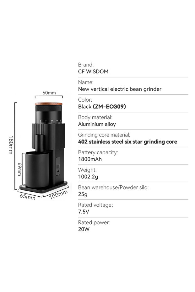 ZM-ECG09 Portable Electric Coffee Grinder Rechargeable Stainless Steel Six-Star Burr Adjustable Grin