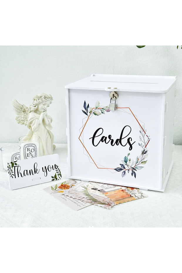 M Milky White White Wedding Card Box with Lock, PVC Gift Card Box for Wedding Reception, Eucalyptus