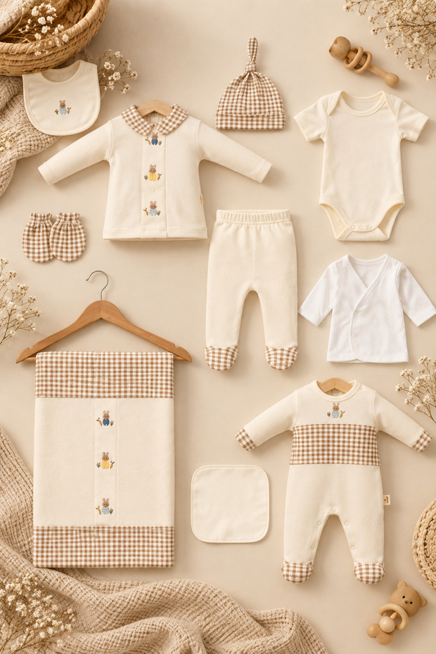 Plaid Rabbit 100% Cotton Newborn Baby Boy 10 Piece Hospital Release Bodysuit Set