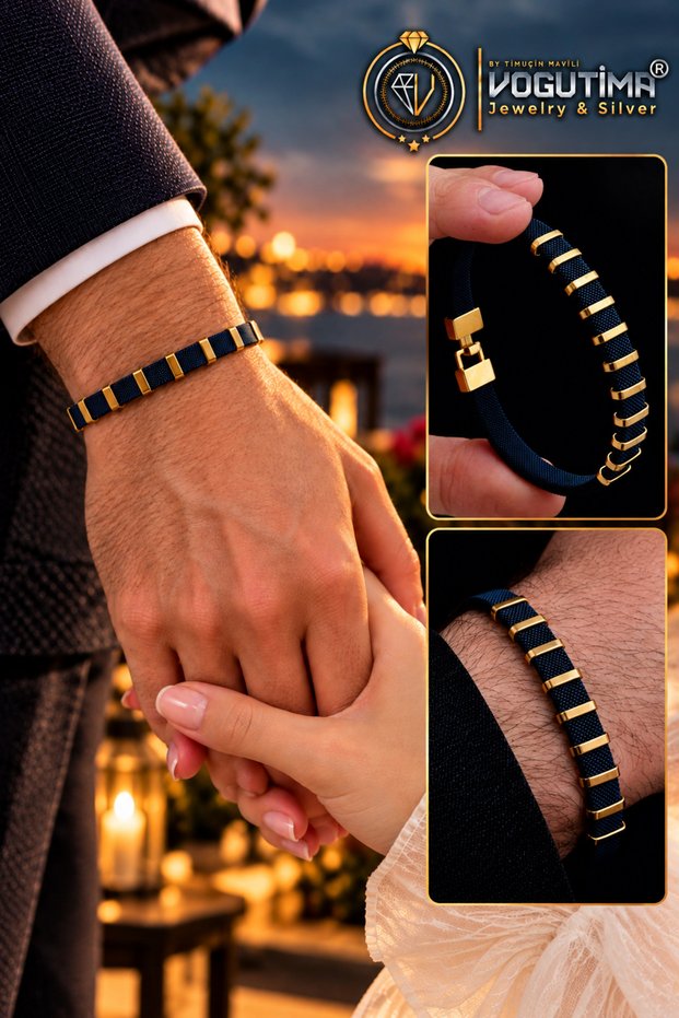 Men's Bracelet - Scarf Model Navy Blue Yellow Color 316 L Stainless Steel Gift Bracelet for Lover, Spouse, Father