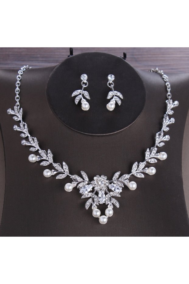 6822-Silvery 3PC Women's Fashion Rhinestone Imitation Pearl Flower Necklace Earring Set Suitable for