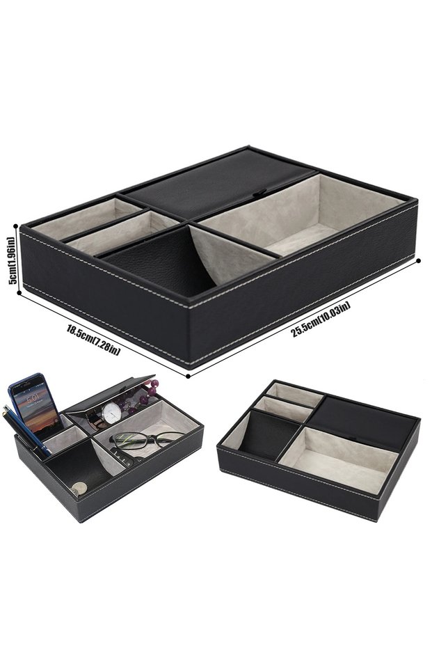 5 Grid PU Desktop Organizer with 5/6 Compartments Men's Valet Tray Nightstand Jewelry Storage Box fo