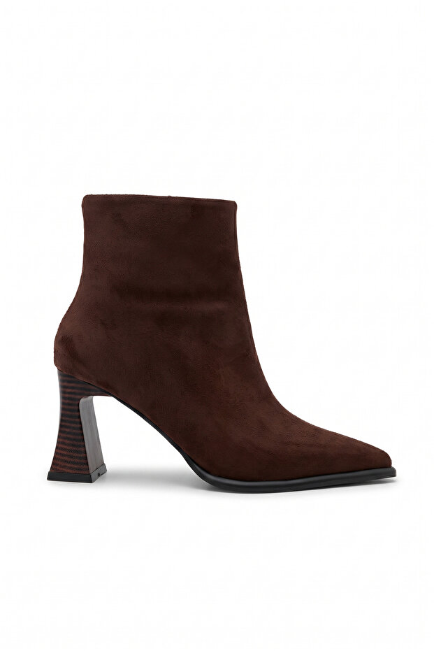 Women's Thick Heeled Pointed Toe Brown Suede Daily Boots with Sewing Detail