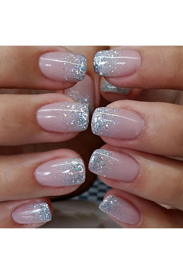 Red 24PCS Pink Glitter French Press-On Nails Short Almond False Nails Glitter Full Cover Gloss Reusa