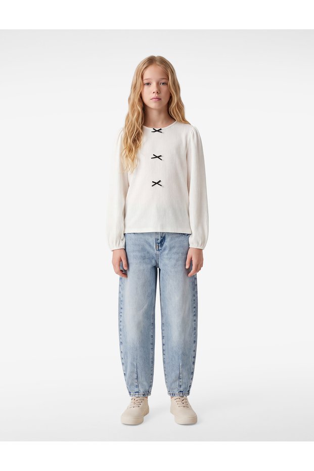 Bow Detailed Long Sleeve Crew Neck Blouse