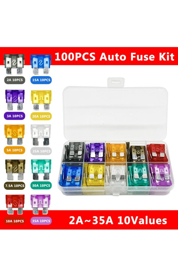 100Pcs 100pcs Car Fuse Assortment Set Profile Middle Size Blade Type Fuse Auto Car Truck 2-35A Fuse
