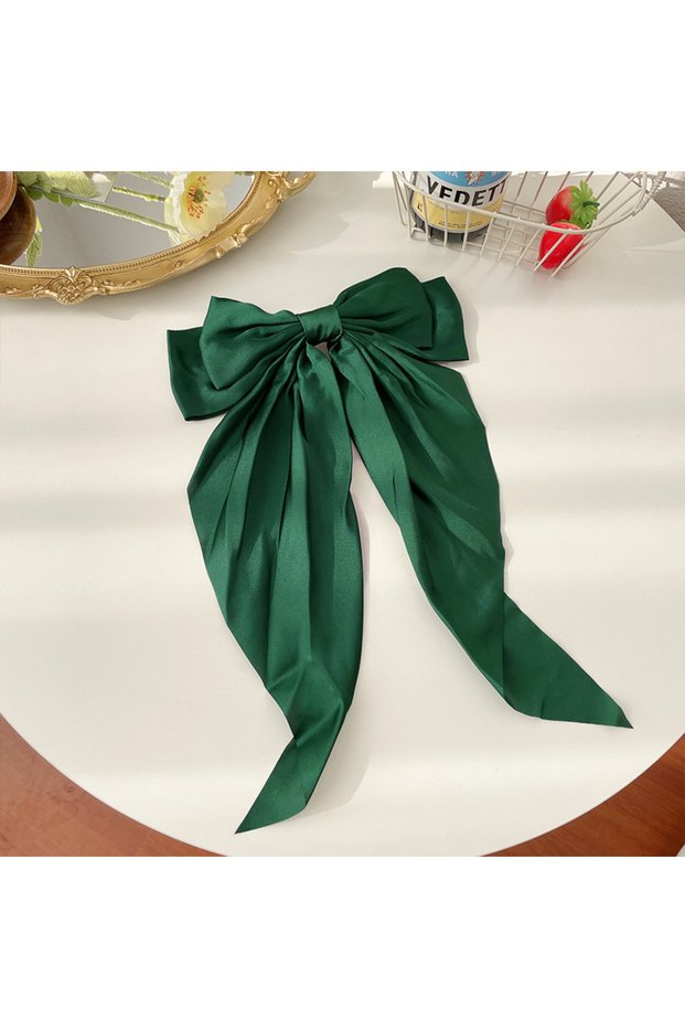 Green 11 Solid Color Satin Ribbon Big Bows Hairpin Spring Clips Hair Accessories for Women Girls Tre