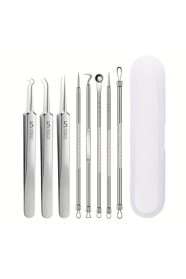 Silvery 8 pcs 8-Piece Blackhead Remover Kit – Stainless Steel Blemish & Acne Extraction Tools – Prof
