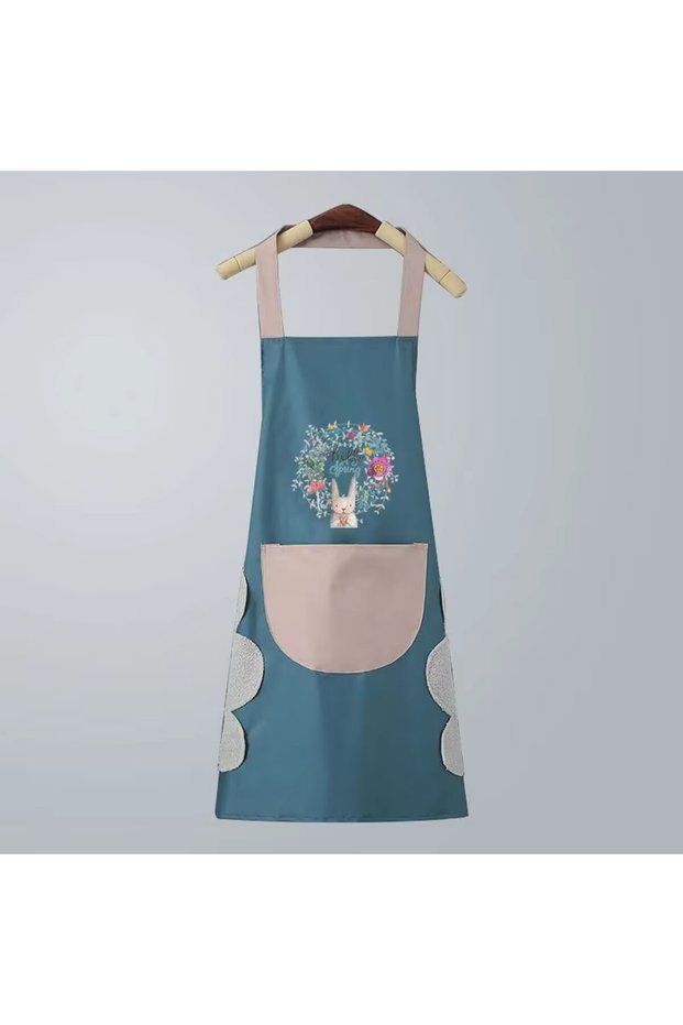 Blue Hand-wiping Aprons For Women Rabbit Print Kitchen Cooking Apron Household Oil-proof Waterproof
