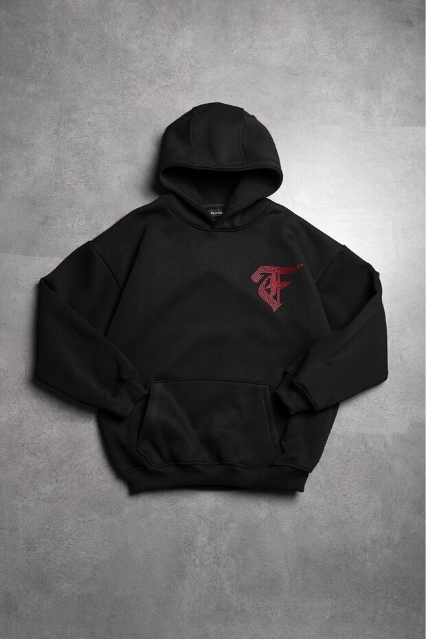 Rhinestones Red Stone Web Black Men's Oversize Hoodie