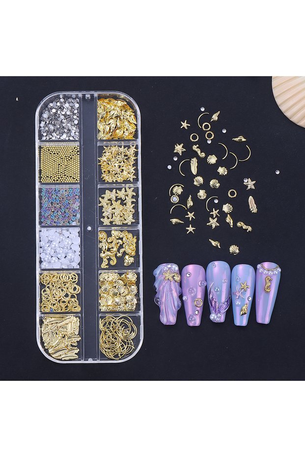 RH59 12 Grids Summer Ocean Nail Art Charm 3D Mixed Gold Silver Starfish Shell Pearl Nail Rhinestone