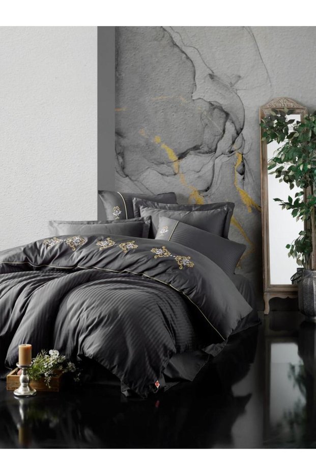 Embroidery Satin Double Duvet Cover Set King Anthracite