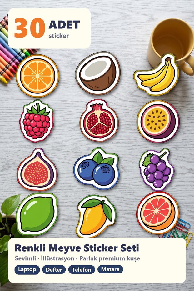 Colorful Vector Fruit Sticker Set 30 Pieces - Cute Illustration Laptop Notebook Phone Water Bottle