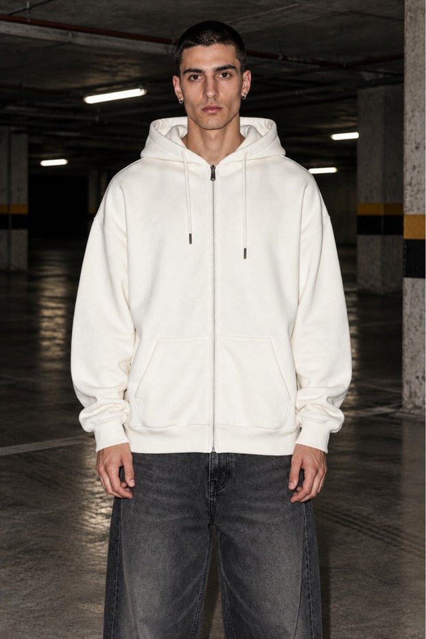 Ekru Basic Oversize Erkek Ceket Hoodie