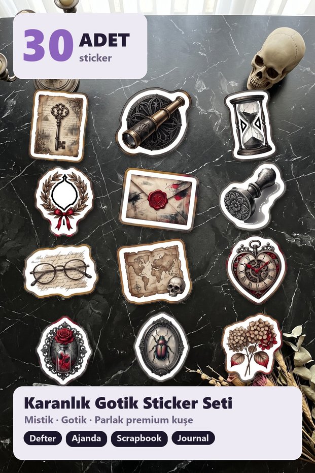 Dark Romantic Gothic Sticker Set 30 Pieces - Mystical Vintage Agenda Notebook Scrapbook Case
