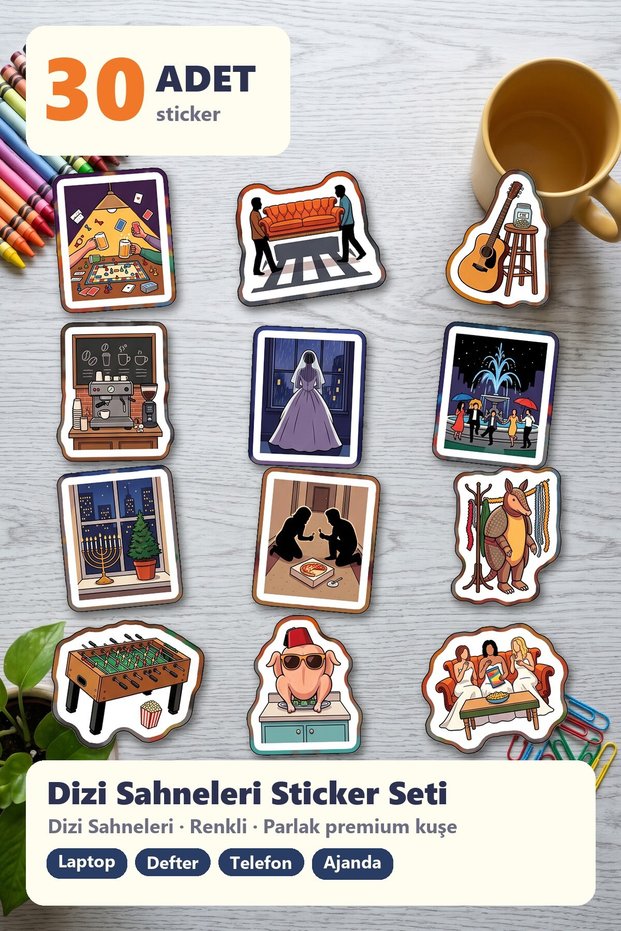 Friends Themed Sticker Set 30 Pieces - Colorful Illustrative Laptop Notebook Phone
