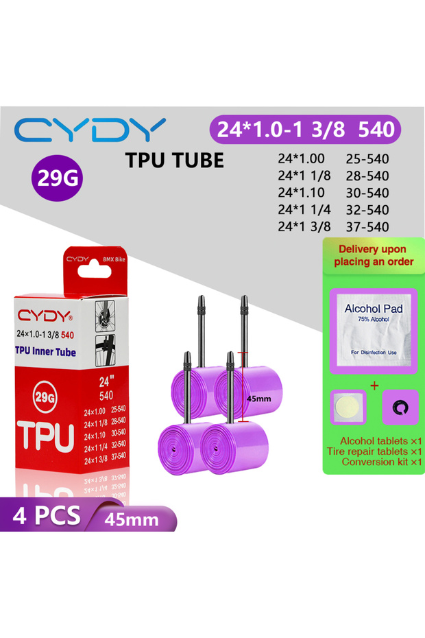 1.0-1 3-8 24-540 45mm 4PC CYDY Bike TPU Inner Tube Camera 24” 540 24x1.0,1 1/8,1.1,1 1/4,1 3/8 Inch