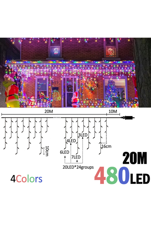 EU Plug BTD-20M480B-RGB 6.5200LED/20M480LED Icicle String Lights Christmas 40Drops 8 Modes, Plug in
