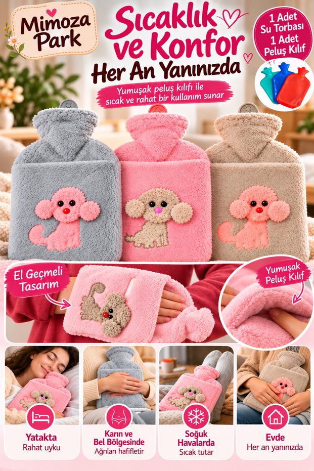 Hot Water Bag with Plush Cover and Dog Emoji