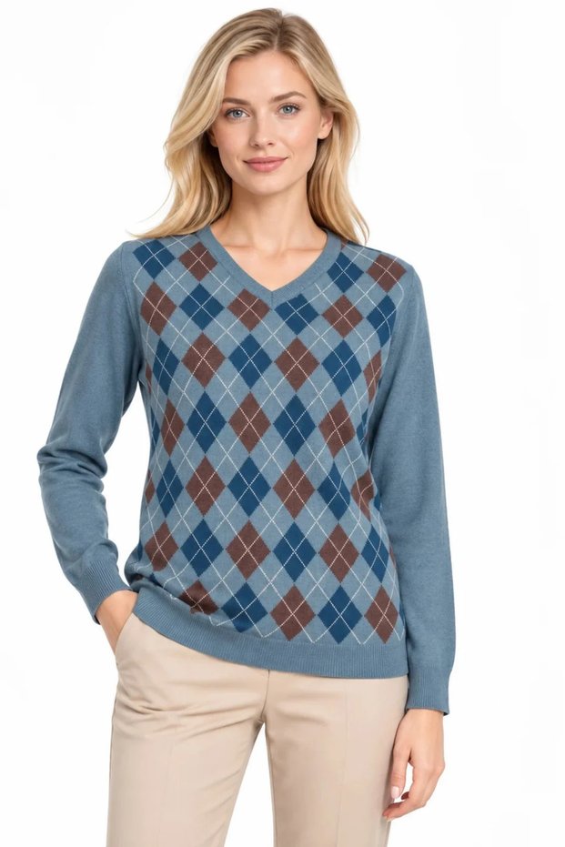 Women's V-Neck Diamond Pattern Wool Sweater M.Green