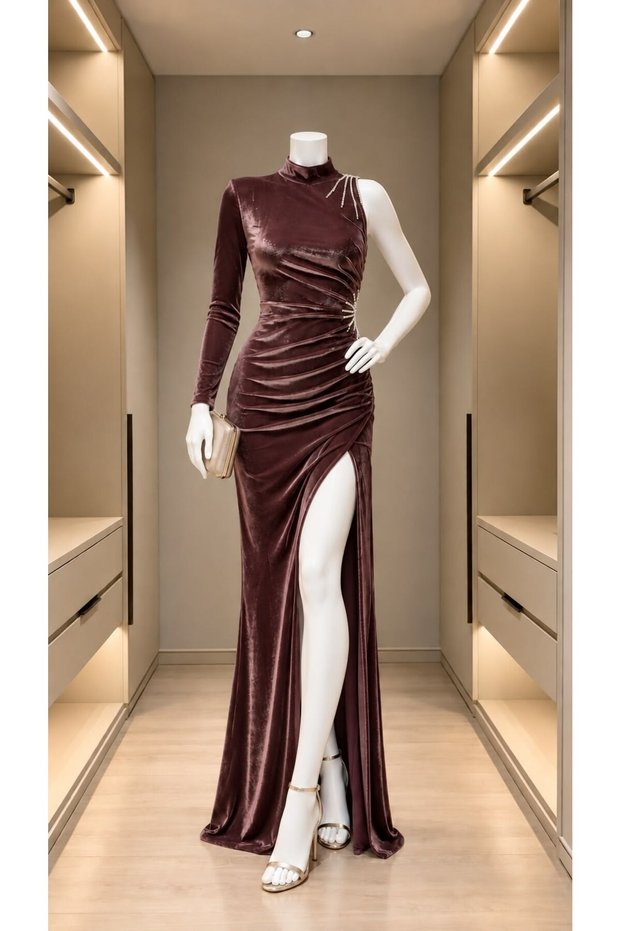 Mock Neck Stone Detailed Slit Velvet Evening Dress 582310 Brown