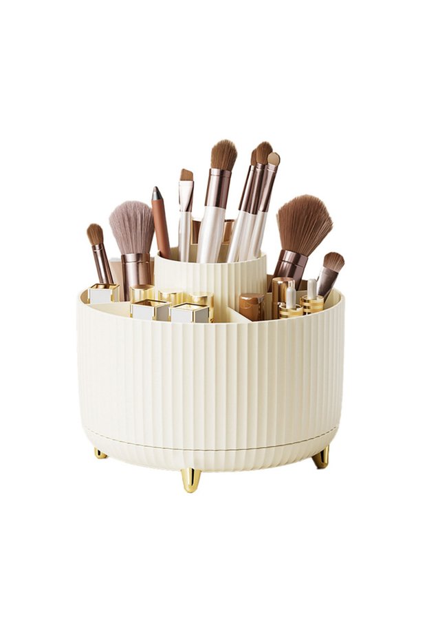 Cream 1Pcs 360° Rotating Makeup Brush Holder Storage Box, 5 Slot Makeup Brush Cup, Suitable for Bath