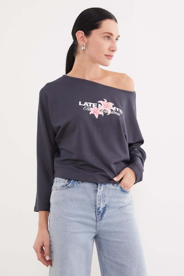 Lily Printed Boat Neck Bat Sleeve Modal Blouse