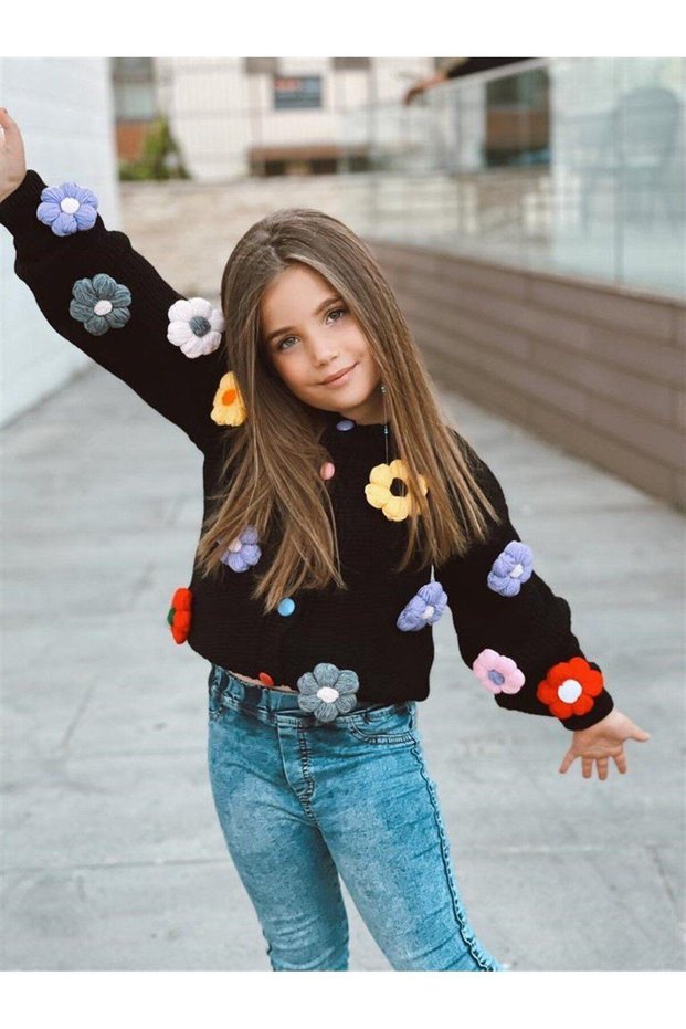 Girl's Daisy Embroidered Knitwear Cardigan Beanie