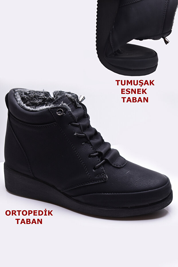 210 Orthopedic Sole Rubber Lace-Up Black Mother Boots with Fur Inside Women's Boots Shoes