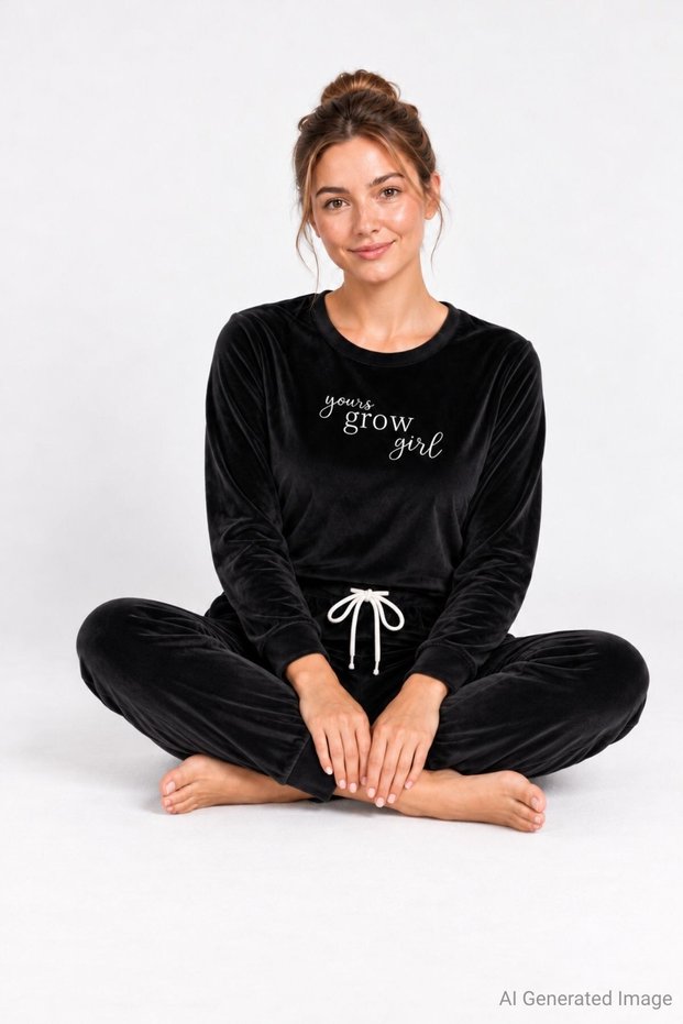 Women's Lycra Long Sleeve Velvet Pajama Set Black