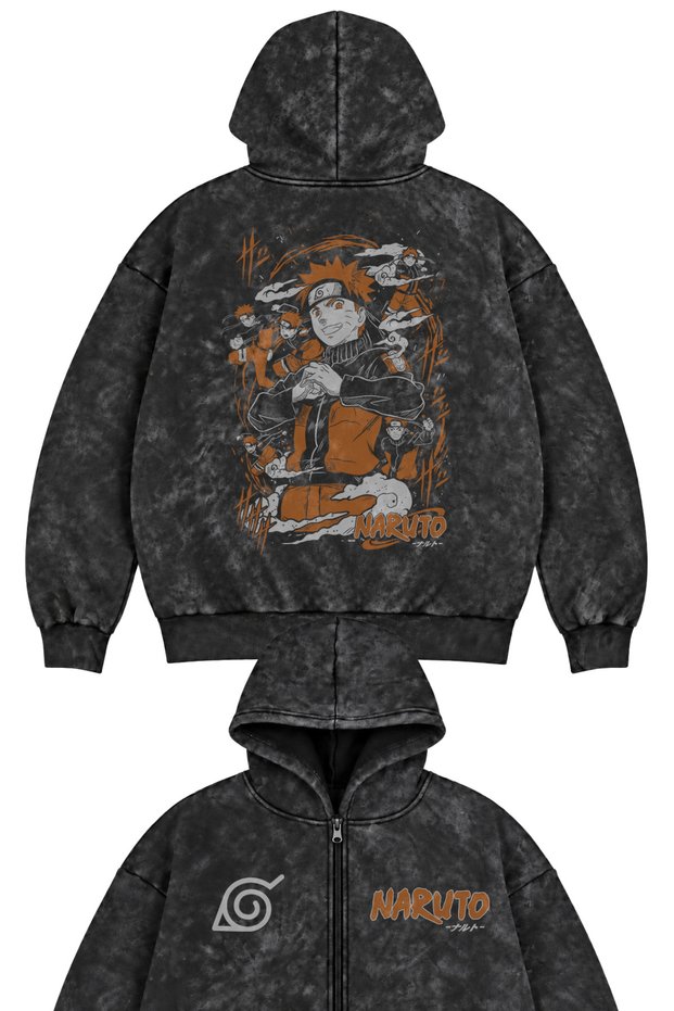 Unisex Oversize Naruto Back Printed Hooded Zipper Washable Anime Themed Zip Hoodie