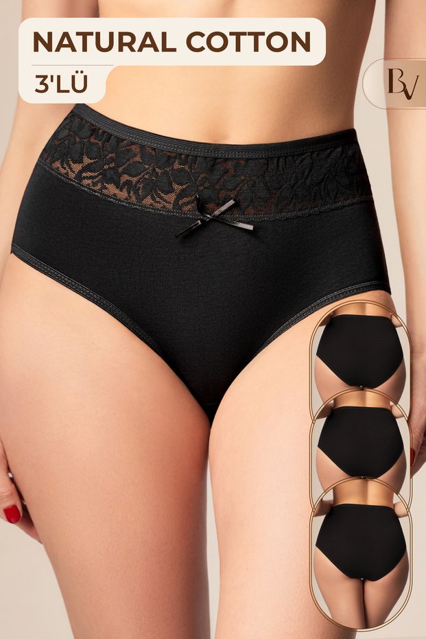 Lace High Waist Women's Panties Black 3 Pieces