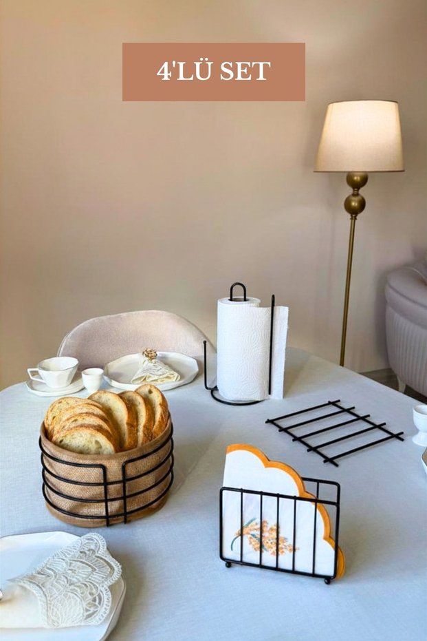 4-piece black wire basket kitchen set: includes napkin holder, upright paper towel holder with divider, trivet, and round bread basket.