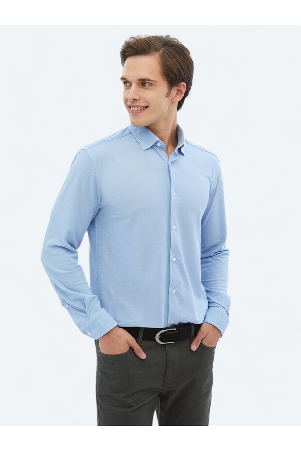 Blue Regular Fit Long Casual Cotton Blend Shirt