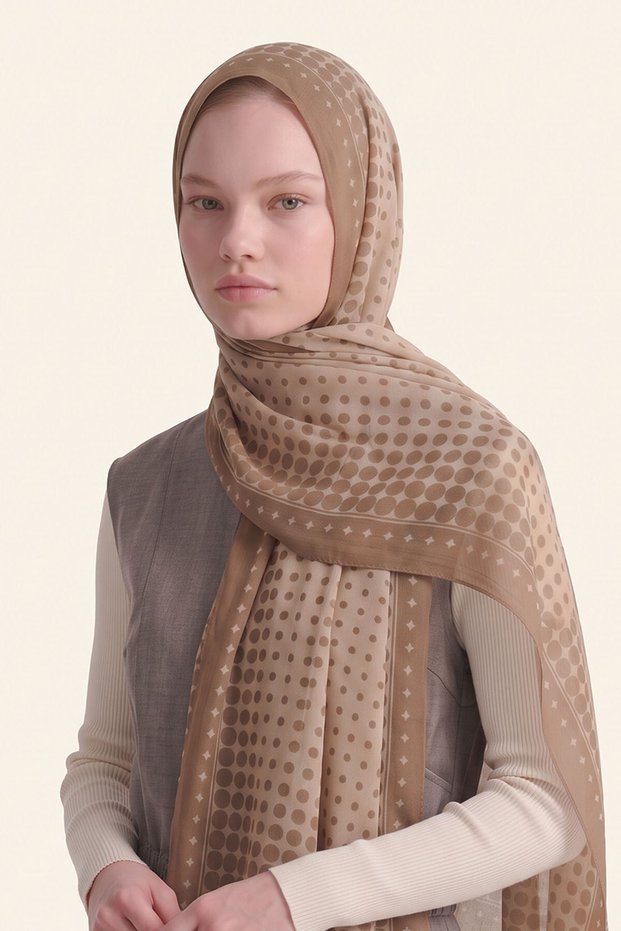 Polka Dot Patterned Royal Shawl Camel