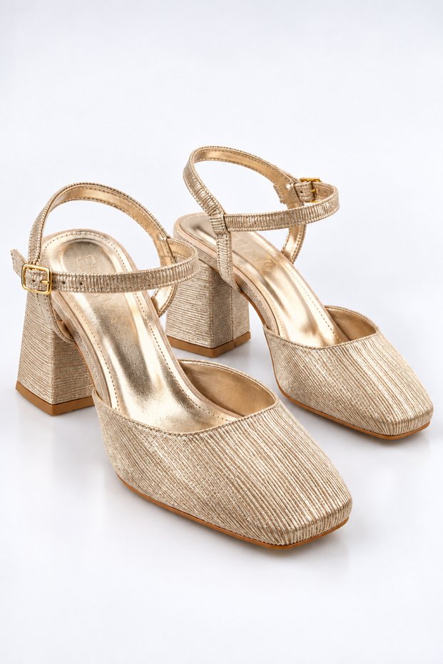 Women's Gold Gold Square Toe 7 cm Thick Heeled Ankle Strap Stylish Evening Dress Shoes New Season 2026
