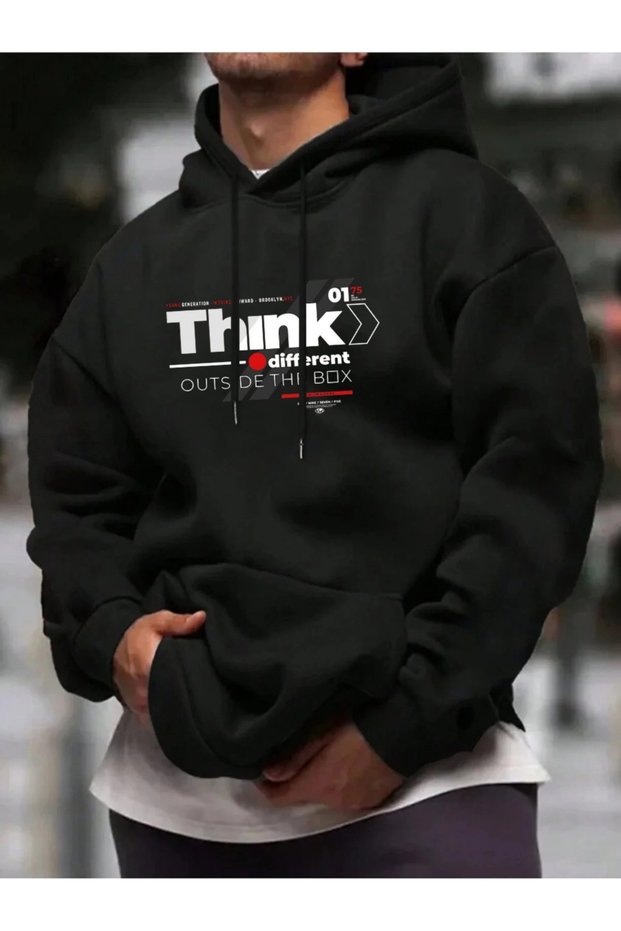 Unisex Black Oversized Hooded 100% Cotton 3 Thread B Printed Hoodie Wide Size