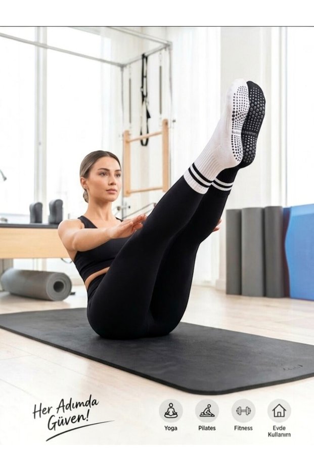 Original 2 Pairs White Black Non-Slip Soled Pilates Yoga Reformer Dance Fitness Activity Sports Socks Ultra Safe Non-Slip Sole Cotton Flexible Comfortable