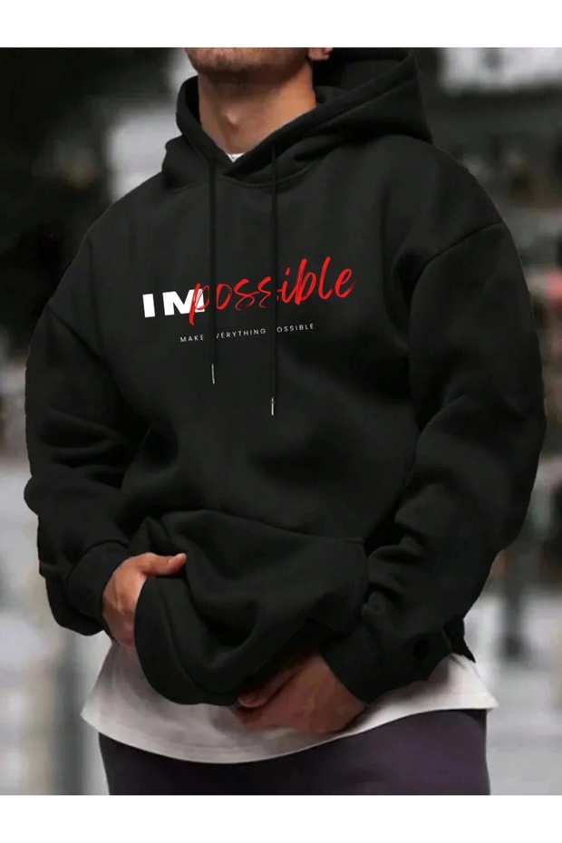 Unisex Black Oversized Hooded 100% Cotton 3 Thread B Printed Hoodie Wide Size
