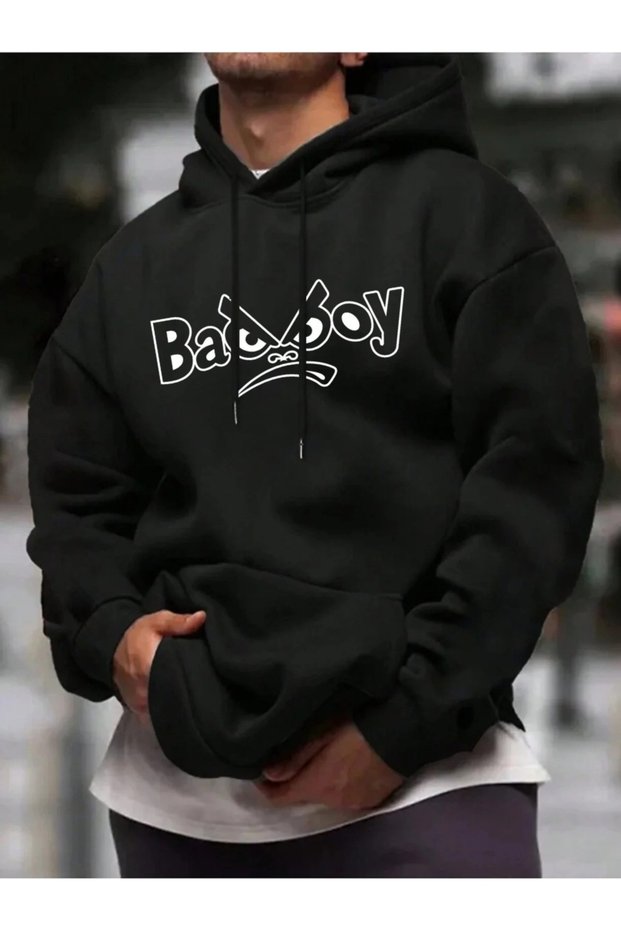 Unisex Black Oversized Hooded 100% Cotton 3 Thread B Printed Hoodie Wide Size