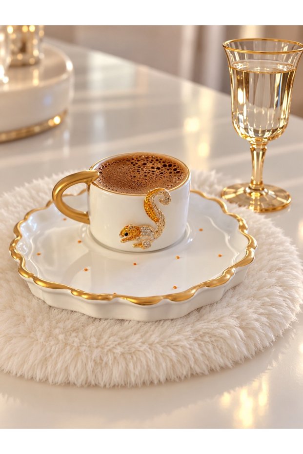 Stone Embellished Turkish Coffee Cup Set with Squirrel Figure and Gold Detail