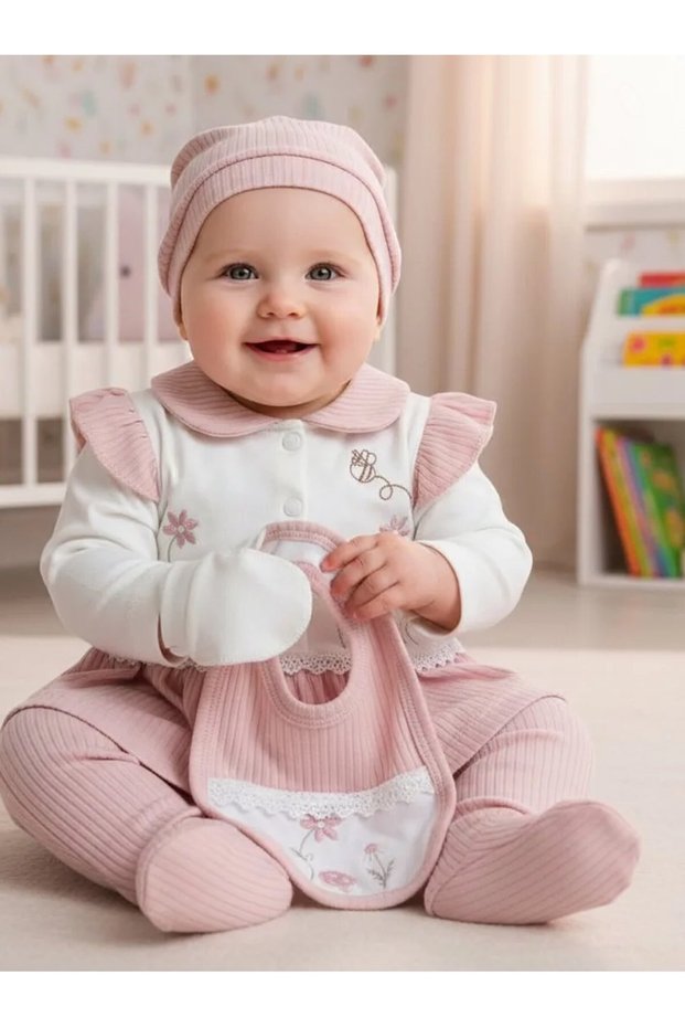 Baby Girl 0-3 Months Organic Cotton with Flower and Cork Embroidery 5-Piece Hospital Release Zibin Set
