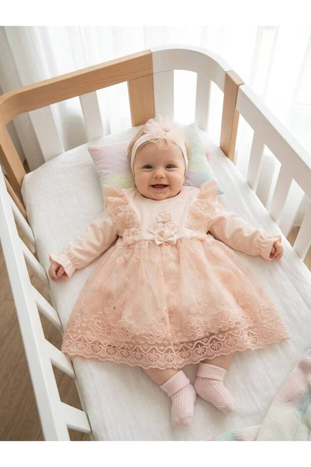 Baby Girl Christening Dress with Bandana, Lace, Newborn Hospital Discharge Wedding Dress, Evening Gown, Christening Dress 66