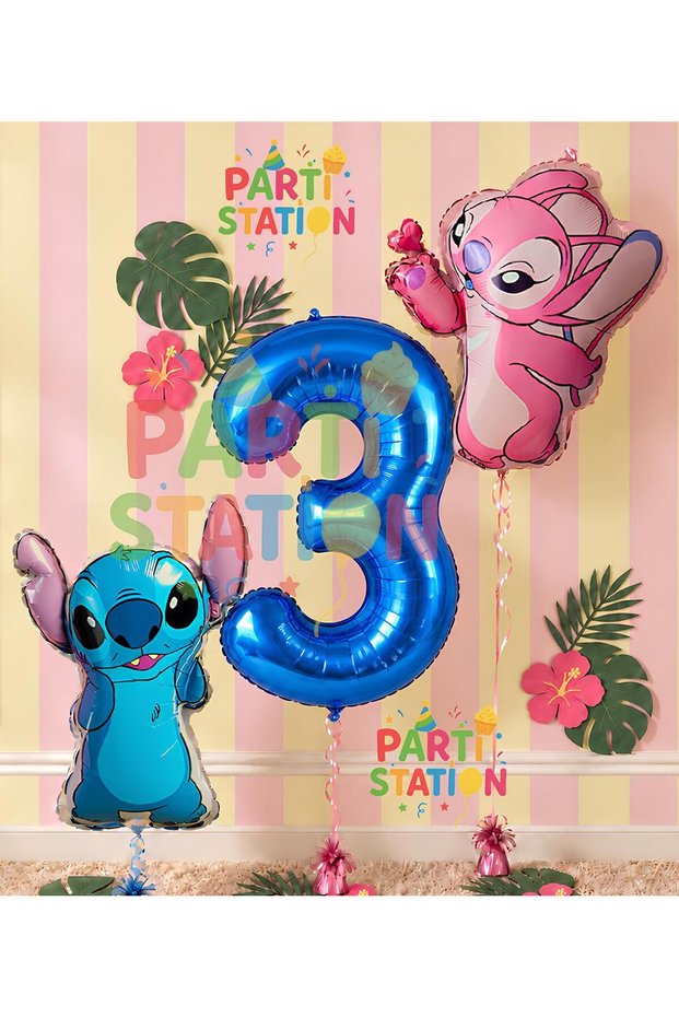 Lilo Stitch and Angel Balloon Set for 3 Year Olds, 3 Piece Navy Blue Number Balloon Birthday Party Set