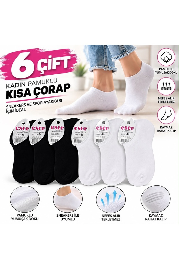 Women's 6 Pairs of Cotton Short Socks Black and White Sneakers and Sports Shoe Socks