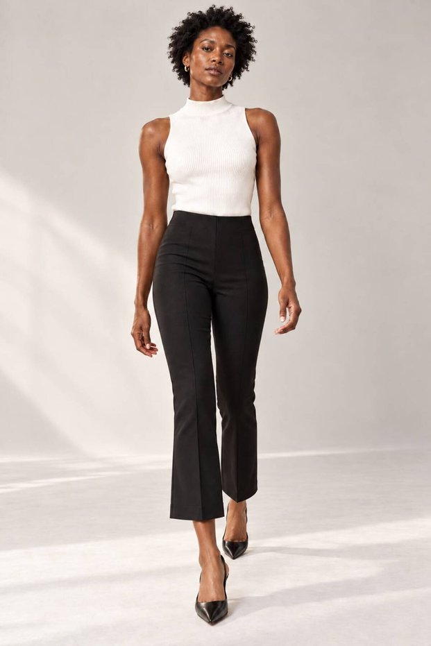 Women's High Waist Spanish Flare Pants - Fabric with Stretch and Elastic Waist, Hidden Zipper, Black Fabric Pants